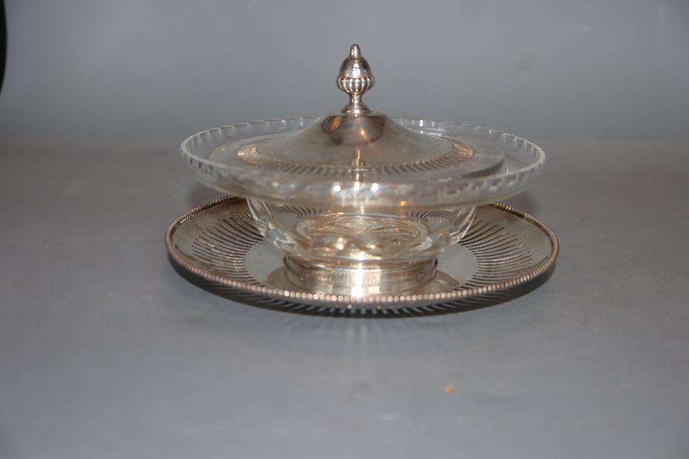 A Victorian silver mounted cut glass silver butter dish and cover, Hirons, Plante & Co, Birmingham, 1866